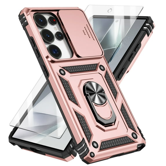 Rotatable Ring Holder Case for Samsung Galaxy S25 Ultra with 1 Pack Screen Protector, Military Grade Drop Protection Slide Camera Cover Anti-Scratch Stand Case Support Magnetic Car Mount, Rosegold