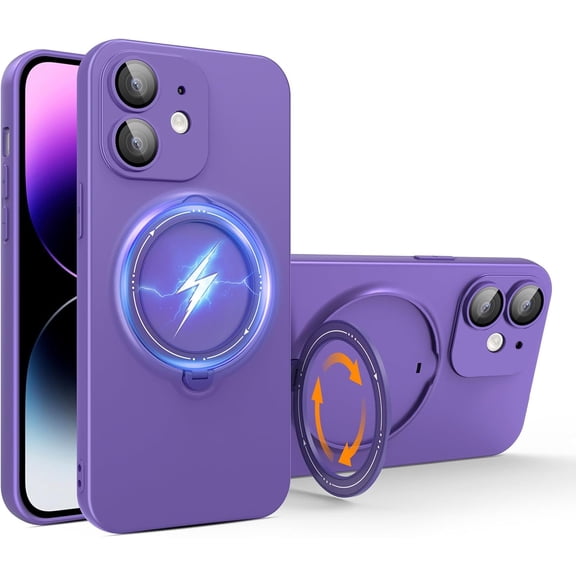 Rotatable Ring Stand Case for iPhone 12 [Compatible with Magsafe] Matte Luxury Soft Metallic Luster Design with Camera Lens Protector Slim Phone Case for Women Men,Purple