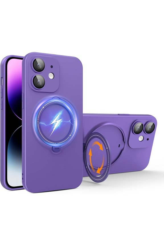Rotatable Ring Stand Case for iPhone 12 [Compatible with Magsafe] Matte Luxury Soft Metallic Luster Design with Camera Lens Protector Slim Phone Case for Women Men,Purple