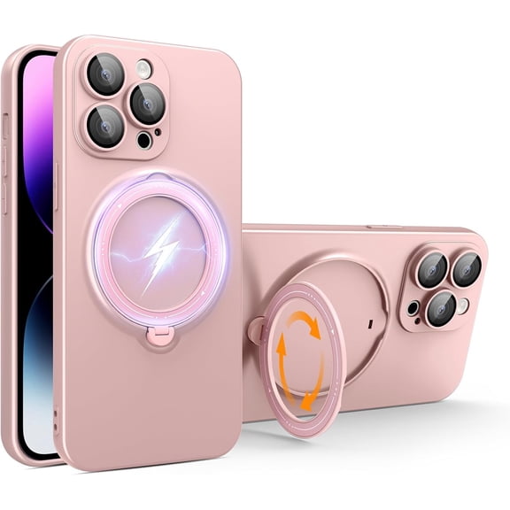 Rotatable Ring Stand Case for iPhone 14 Pro Max [Compatible with Magsafe] Matte Luxury Soft Metallic Luster Design with Camera Lens Protector Slim Phone Case for Women Men,Pink