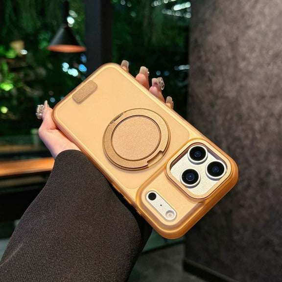 Rotatable Ring Stand Case for iPhone 16, Built-in Invisible Kickstand, Compatible with Mag-Safe, Frosted Matte Military Grade Drop Protection Slim Phone Cover for iPhone 16, Gold