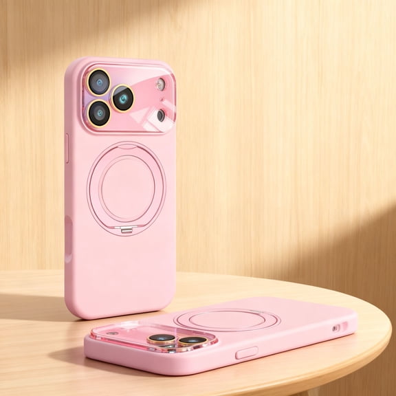 Rotatable Ring Stand for iPhone 16 Case, Crystal Glass Camera Lens Protector, Military Grade Drop Protection, Shockproof Matte Liquid TPU + PC Hybrid Cover for iPhone 16, Pink