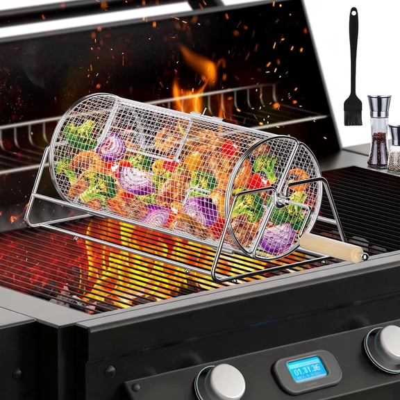 Rotatable Rolling Grill Baskets, Removable Wooden Handle, 304 Stainless Steel, BBQ Accessories Tools for Vegetable Shrimp, Outdoor Cooking Camping, Birthday Gifts for Men Dad Husband