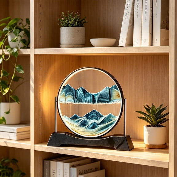 Rotatable Round Dynamic Sand Art Picture with Stand, Flowing Quicksand Motion Desktop Ornament, Stress Relief Calm Visual Decor, Office Home Shelf Mantel Relaxation Gift for Anxiety Relief