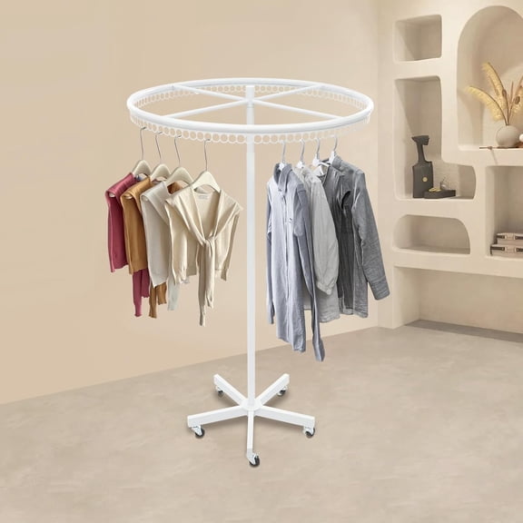 Rotatable Round Garment Display Retail Rack, Floor-Standing Multi-Purpose Metal Shelf with Wheels for Clothes Storage,  Clothing Organizer in Retail Boutiques and Bedroom ﻿ ﻿ (White)
