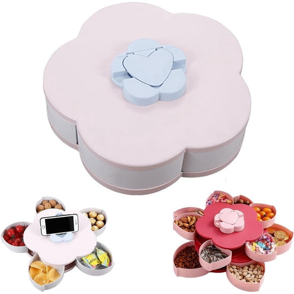 Rotatable Serving Tray and Platters, Divided Snack Serving Tray with Lid, Creative Flower Type Fruit Tray, Dried Fruit Food Storage Organizer, Double Deck Petal Shaped Platter Candy Box