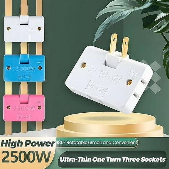 Rotatable Socket Converter 3-Way Flat Wall Plug | 180° Adjustable Slim Plug Adapter for Indoor Home Office | Wireless Outlet Extender | 250V 10A 2500W | White Blue Black | 6.5x1.3x4.3cm