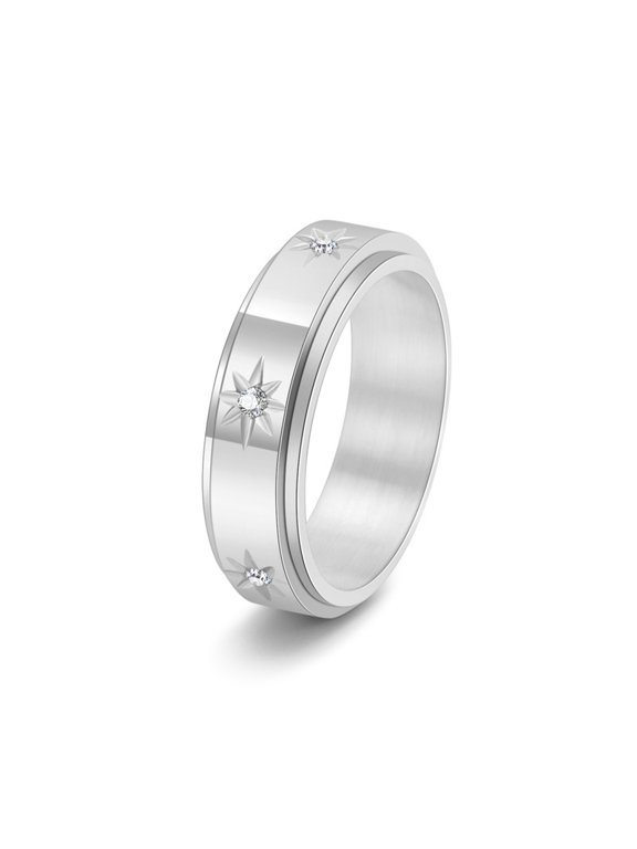 Rotatable Stainless Steel Finger Ring with Rhinestone for Couples Stainless Steel color Inner Diameter: 19.8mm