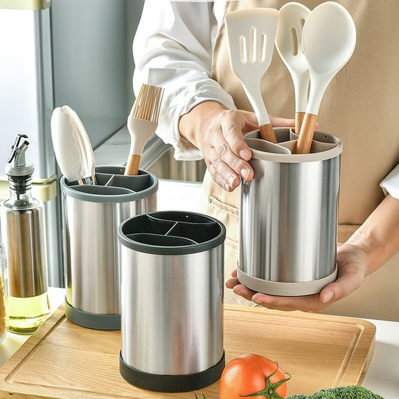 Rotatable Stainless Steel Kitchen Utensil Organizer - Black 6.69" Compartmented Storage Rack for Chopsticks and Cooking Tools - Space-Saving Countertop Caddy with Rotating Base