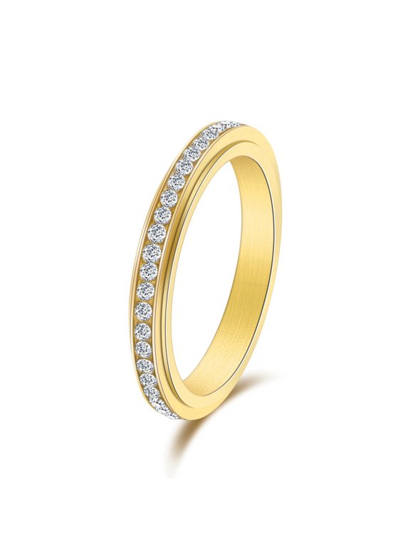 Rotatable Stainless Steel Rhinestone Finger Rings for Women Golden Size 8(18.1mm)