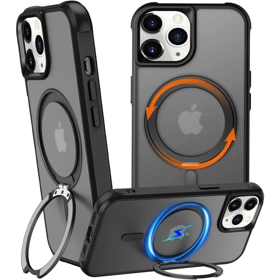 Rotatable Stand Compatible with iPhone 11 Pro Max Case with Magnetic [Military Grade Drop Tested][Adjustable Kickstand] Ring Translucent Slim Hard Back Soft Edge, Black