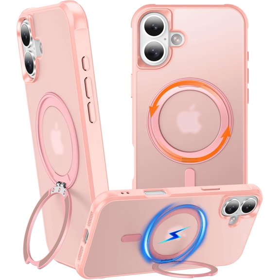 Rotatable Stand Compatible with iPhone 16 Plus Case with Magnetic [Military Grade Drop Tested][Adjustable Kickstand] Ring Translucent Slim Hard Back Soft Edge, Pink