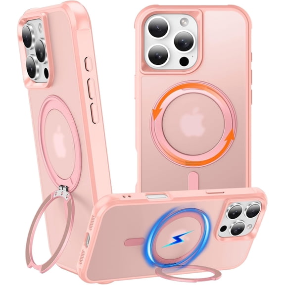 Rotatable Stand Compatible with iPhone 16 Pro Max Case with Magnetic [Military Grade Drop Tested][Adjustable Kickstand] Ring Translucent Slim Hard Back Soft Edge, Pink