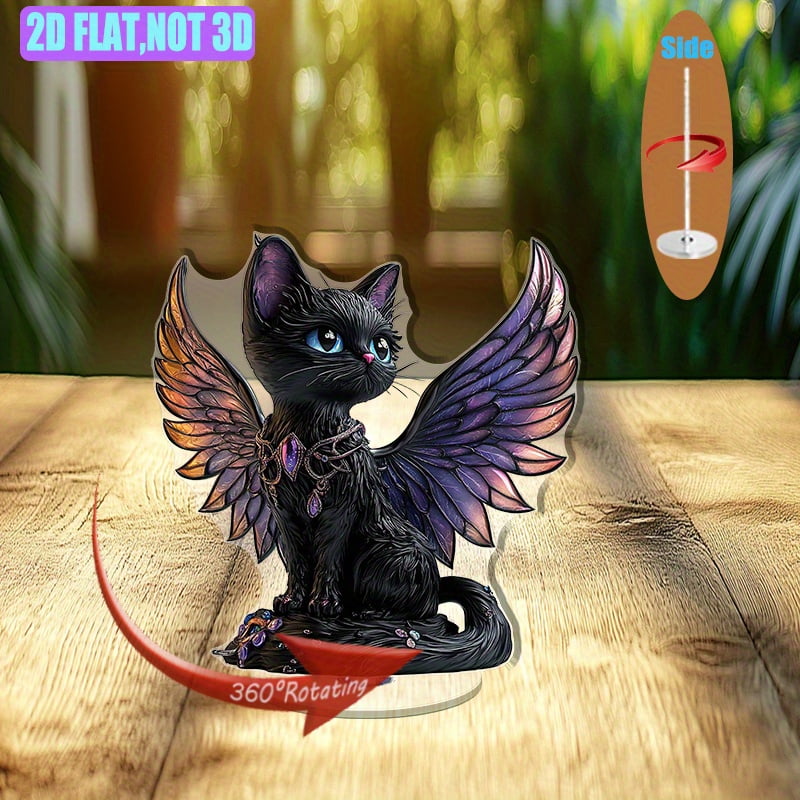 Rotatable acrylic display featuring a detailed black cat next to wings ...