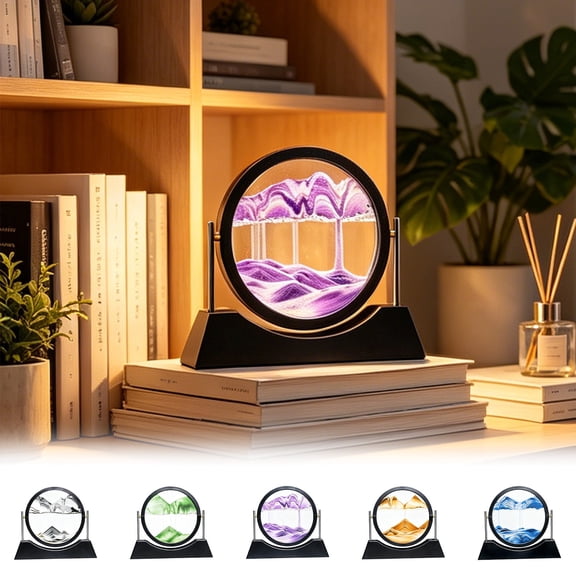 Rotatable round moving sand art picture frame | dynamic quicksand painting decor ornament | glass circular sandscape with sturdy base for home office shelf