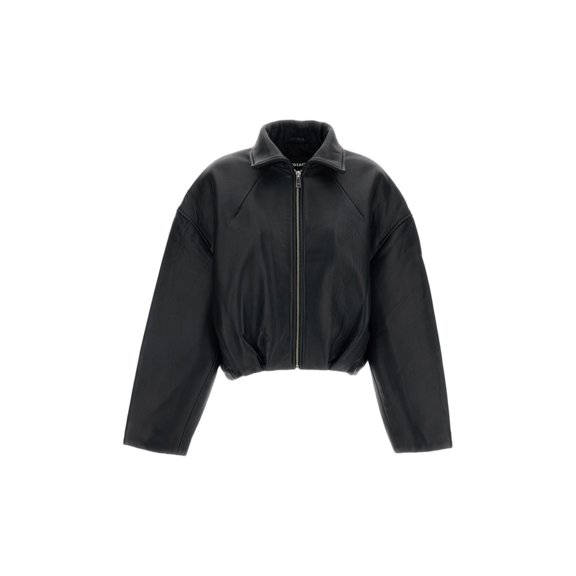 Rotate Black Boxy Cropped Zip Leather Jacket (Women's)