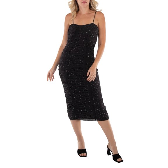 Rotate Black Ruched Crystal Mesh Midi Dress, Brand Size 38 (US Size 4)