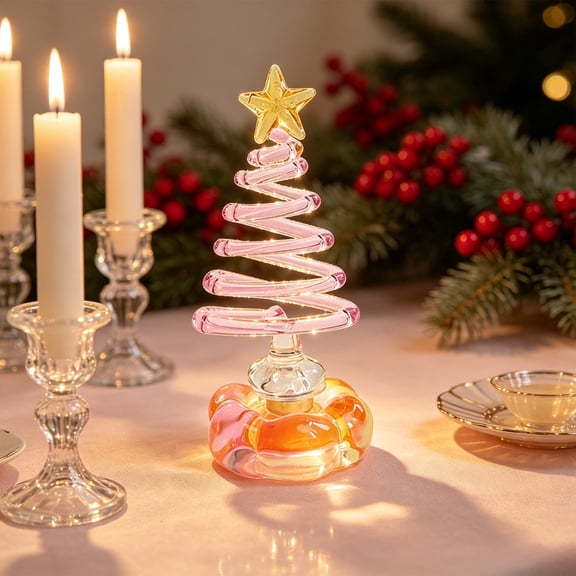 Rotate Christmas Tree Glass Ornaments,4in Swirl Xmas Tree Statue with Golden Star Topper, Festive Holiday Centerpiece for Mantel Shelf Coffee Table Indoor Home Christmas Winter Party Decorations