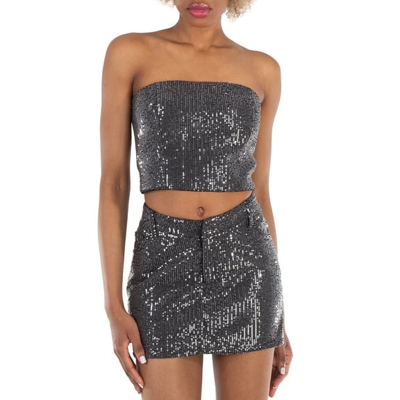 Rotate Ladies Black Sequin-Embellished Strapless Crop Top, Brand Size 40 (US Size 6)