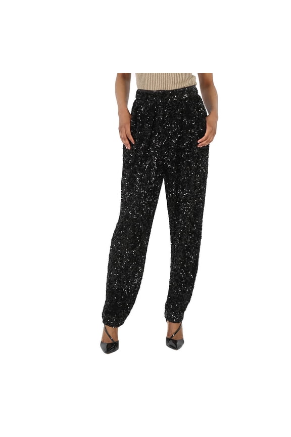 Ladies Black Sequin High-Waisted Trousers, Brand Size 36 (US Size 2)