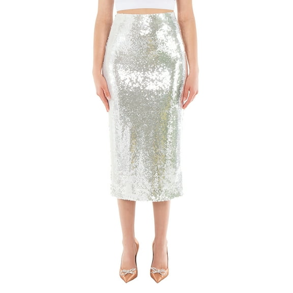 Rotate Ladies Bright White Sequined Midi Pencil Skirt, Brand Size 36 (US Size 2)