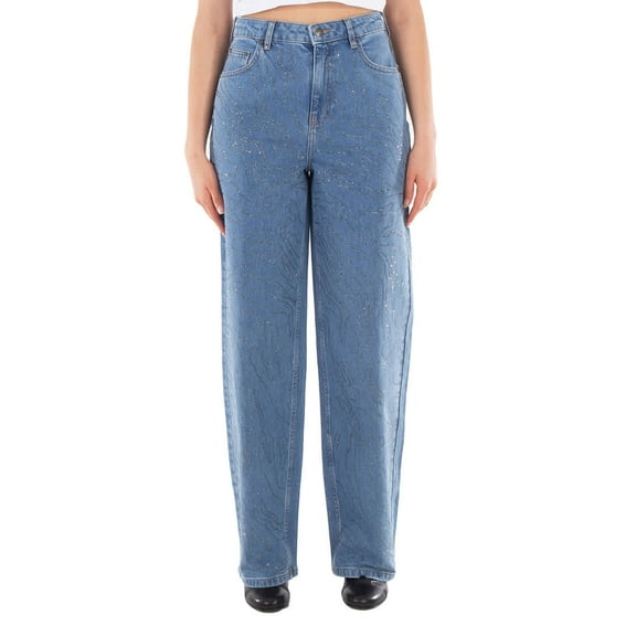 Rotate Ladies Light Blue Denim Rhinestone Wide Leg Jeans, Waist Size 25"