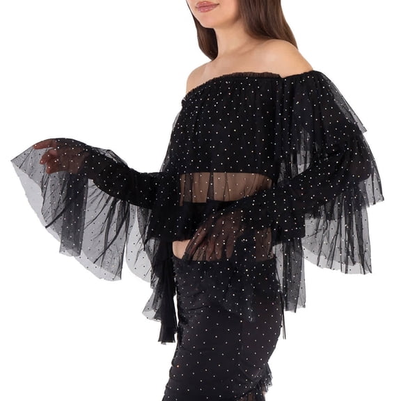 Rotate Rhinestone-Embellished Ruffled Mesh Cropped Top, Brand Size 38 (US Size 4)