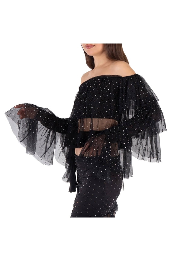 Rhinestone-Embellished Ruffled Mesh Cropped Top, Brand Size 40 (US Size 6)