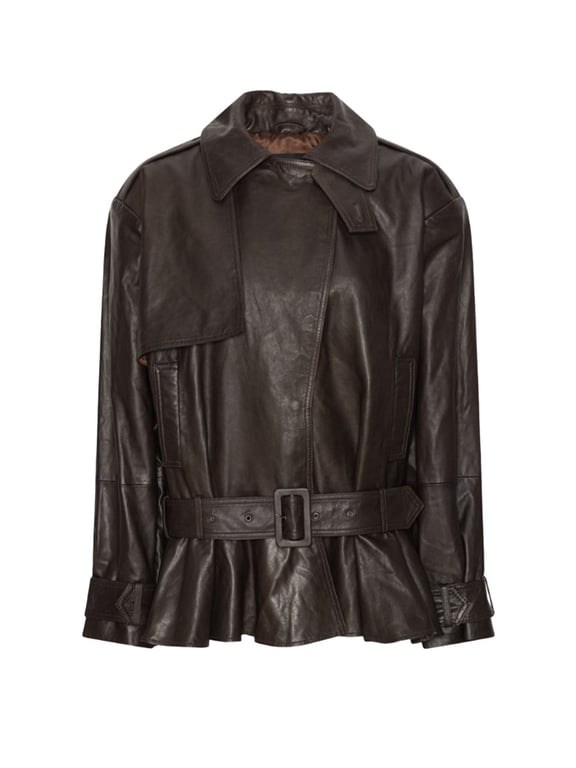 Structured Brown Biker Jacket With High Collar And Buckle Details (Women's)