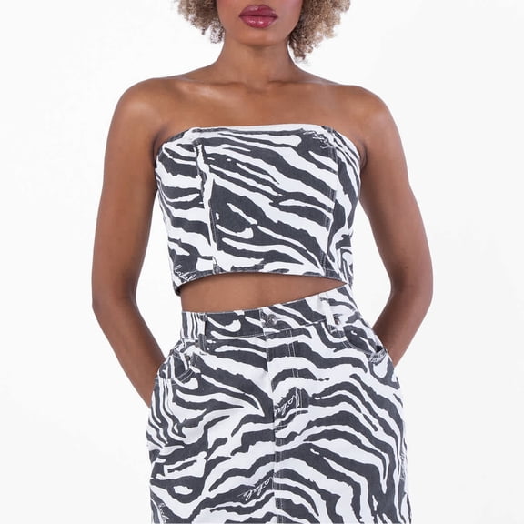 Rotate Zebra Printed Denim Top, Brand Size 36 ( US Size 2 )