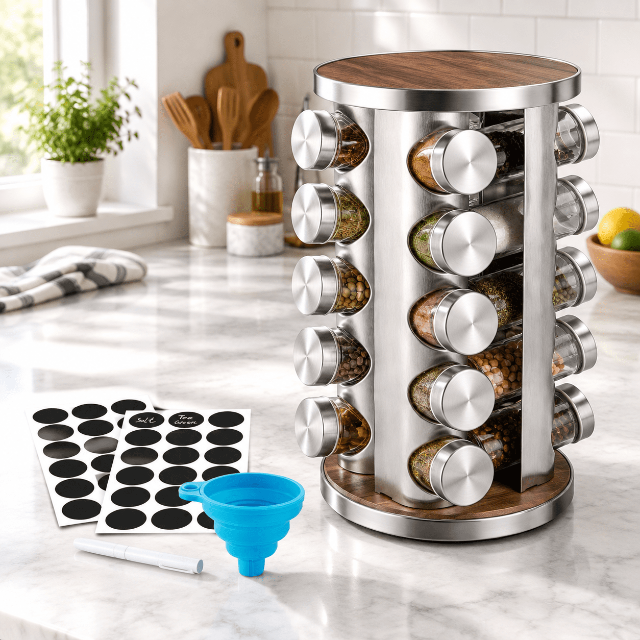 Rotating 20-Piece Stainless Steel Spice Rack Organizer with Jars for ...