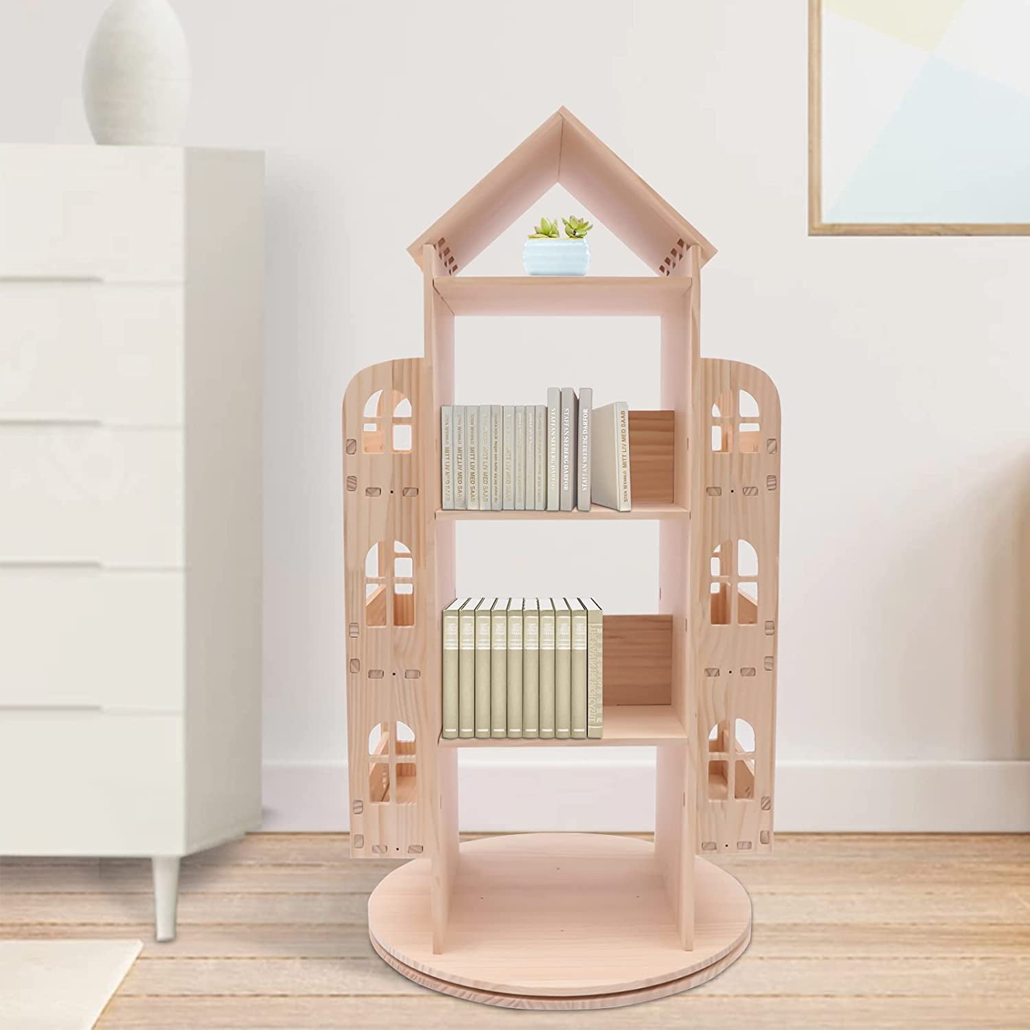 Rotating 360 Display Bookshelf Floor Standing Bookcase Rack Wood Book ...