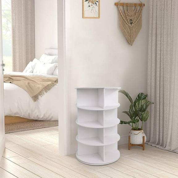 Rotating 360° Shoe Rack Organizer Tower, 4-Tier White Revolving Shoe Carousel for Entryway, Closet, Corner Storage
