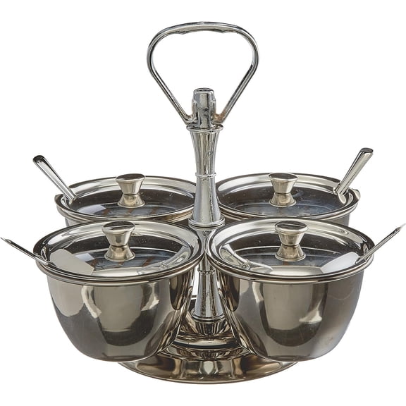 Rotating 4-Compartment Stainless Steel Condiment Caddy with Lids & Spoons, Serving Bowls for Dips, Sauces, Snacks, Appetizers, Buffet & Party Use