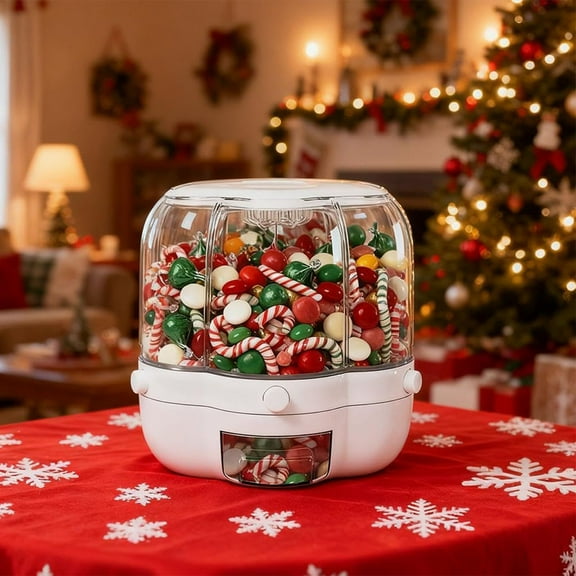 Rotating 6-Compartment Christmas Candy Dispenser, 360° Rotation Airtight Lid, Large Capacity One-Button Dispensing, Transparent Plastic Easy Clean, For Holiday Treats Dry Goods Kitchen Storage