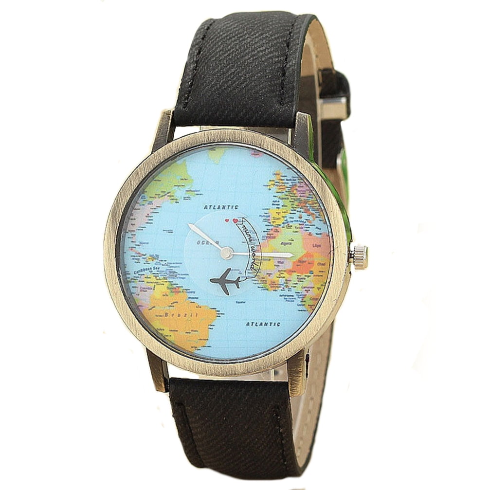 Rotating Airplane World Map Watch Unisex Bronze Case Black Band
