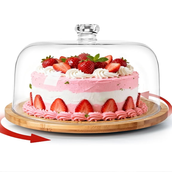 Rotating Bamboo Cake Stand With Dome 12 Inch For Birthday Kitchen Party Weddings