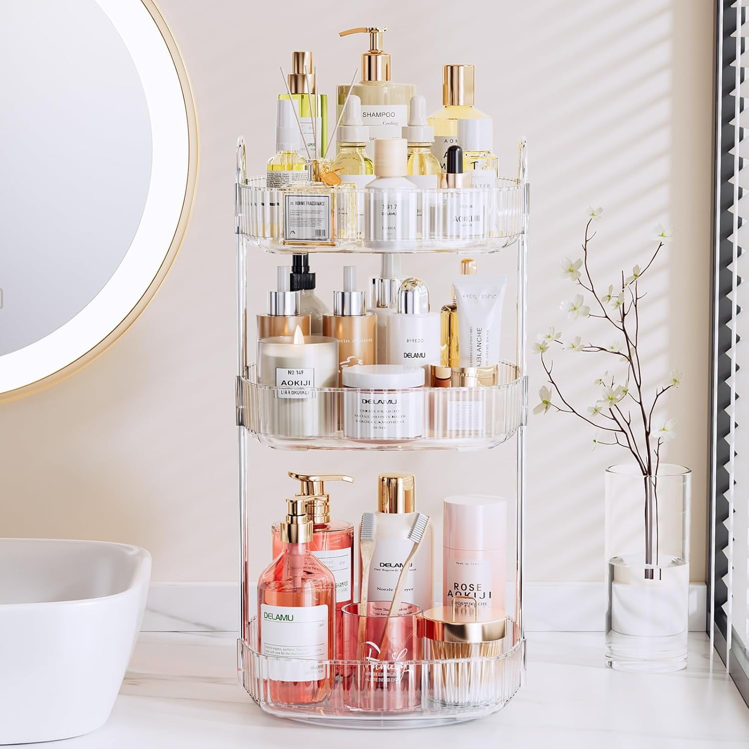 Rotating Bathroom Countertop Organizer, Large Capacity 3-Tier Multi ...