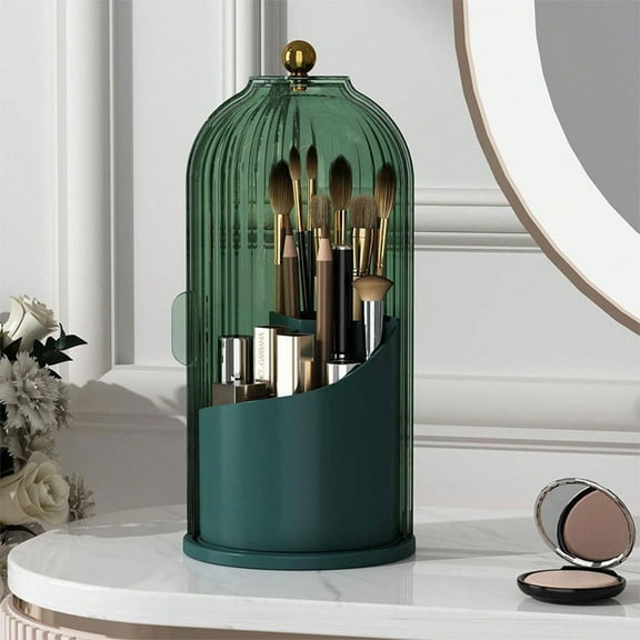 Rotating Birdcage Organizer, Desktop Makeup Brush Holder, Rotating Cosmetic Storage Box with Dust Cover, Pen Holder Organizer for Office Supplies, Vanity Table Decor