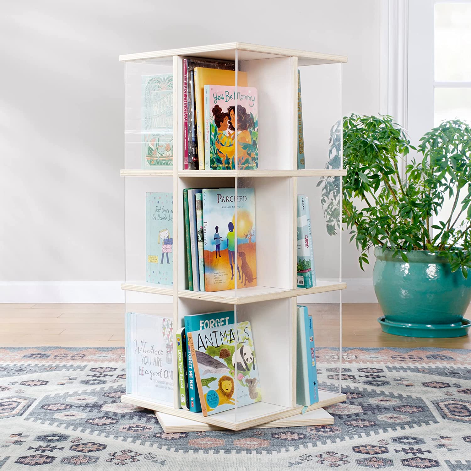 Rotating Book Display White Spinning Plywood Storage Bookshelf with