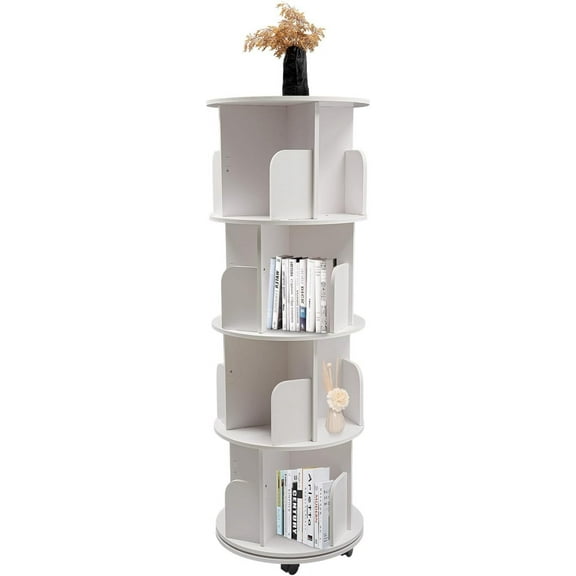 Rotating Book Shelf with Wheels, 4 Tier Revolving Bookcase 360 Display Bookshelf, Floor Standing Bookcase Storage Rack, Small Corner Bookshelf Spinning Bookshelf Tower for Home Office, Study Room