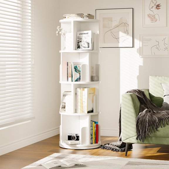 Rotating Bookcase 360° Free, Rotating Shelf Office Shelf White, for Living Room, Study, Office, as Room Divider, 4 Levels