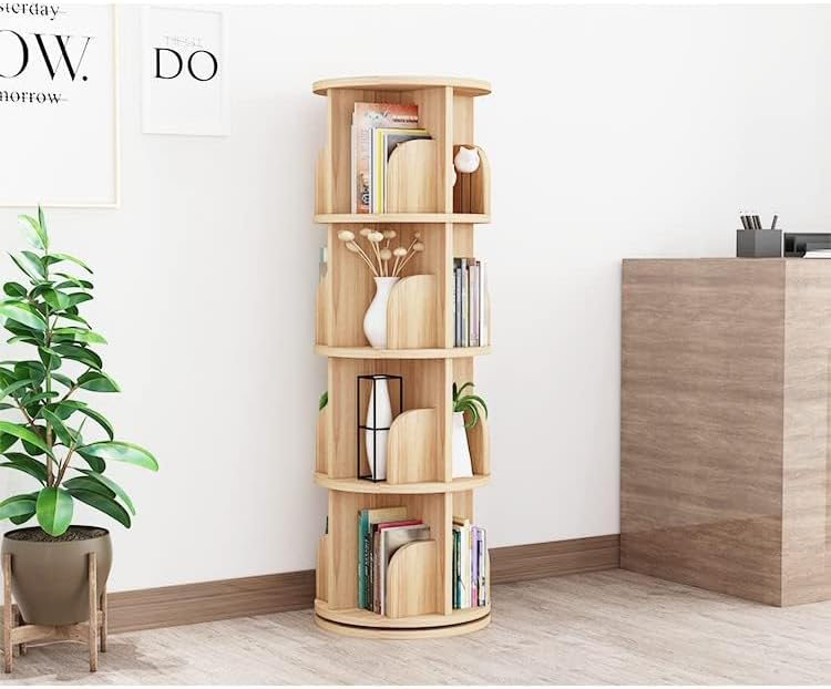 Rotating Bookcase, 4 Tier Swivel Bookcase Wood Bookshelf,360 Display