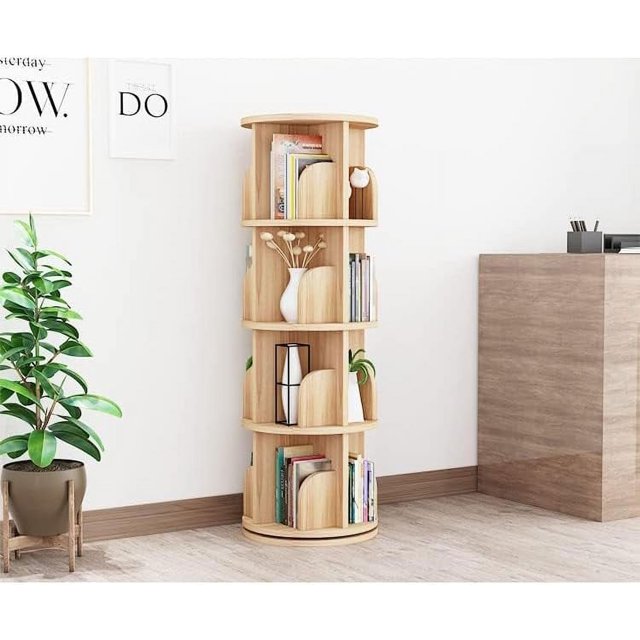Rotating Bookcase, 4 Tier Swivel Bookcase Wood Bookshelf,360 Display