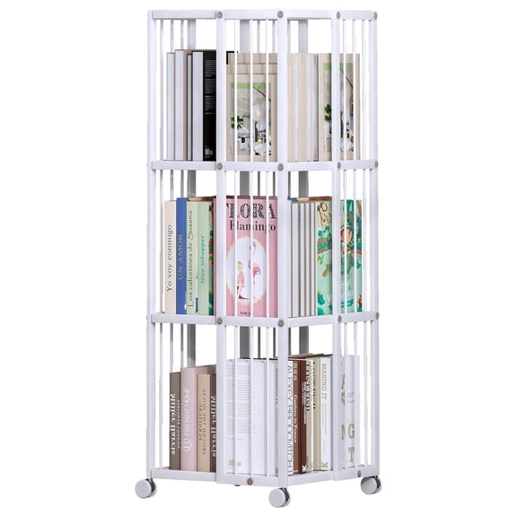 Rotating Bookcase White 3 Tiers Metal Large Capacity Bookshelf, 360Cubic for Small Space with Storage and Creative Multi-Layer Shelves,Magazine Books for Bedroom Living Room Study Office