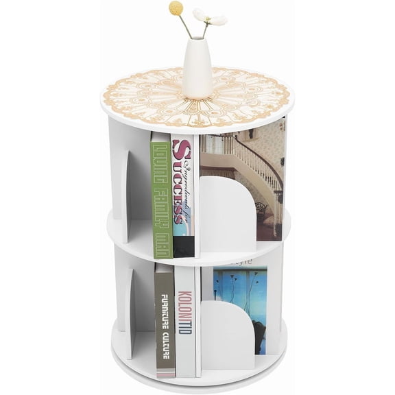Rotating Bookshelf 2 Tier, 360 ° Revolving Bookcase Freestanding Round Bookcase with 8 Compartments, Corner Rotating Book Shelf Organizer for Study, Living Rooms