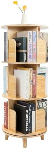 Rotating Bookshelf, 3-Tier Pine Wood Board Bookcase, Freestanding ...