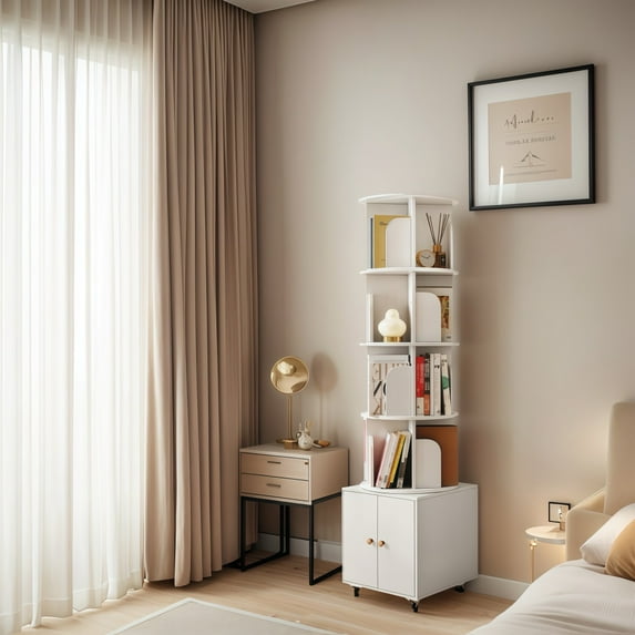 Rotating Bookshelf, 360 Degree Display 5 Tier Corner Bookshelf with Drawer for Small Space, Floor Standing Bookcase Storage Rack, Wood Narrow Book Shelf Organizer for Bedroom, Living Room (WHITE)