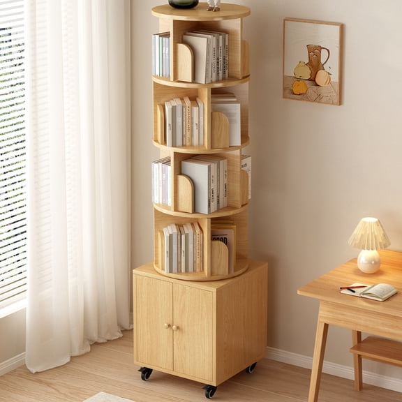 Rotating Bookshelf, 360 Degree Display 5 Tier Corner Bookshelf with Drawer for Small Space, Floor Standing Wood Narrow Bookcase Organizer for Bedroom or Living Room (Nw Color)