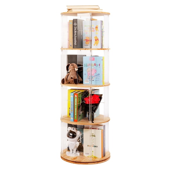 Rotating Bookshelf, 360 Degree Revolving Bookcase, 4-Tier Spinning Bookshelf, Clear Acrylic & Solid Wood Rotating Bookcase for Kid’s Playroom, Bedroom and Living Room, Square